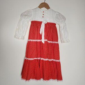 VTG Bryan Girls Size 3T Red White Polka Dot Peasant Dress Button Back Lace Ruffl